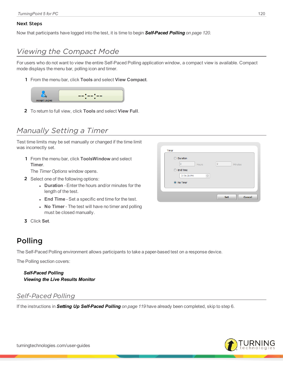 Viewing the compact mode, Manually setting a timer, Polling | Self-paced polling, Self, Paced polling | Turning Technologies TurningPoint 5 User Manual | Page 120 / 168