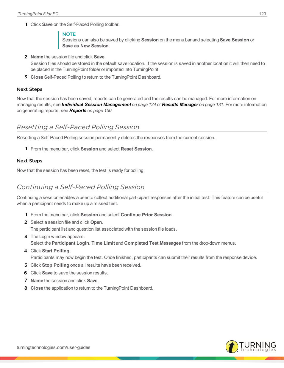 Resetting a self-paced polling session, Continuing a self-paced polling session | Turning Technologies TurningPoint 5 User Manual | Page 123 / 168