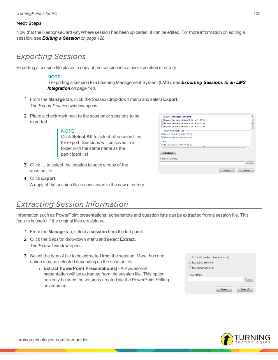 Exporting sessions, Extracting session information, Extracting | Session information | Turning Technologies TurningPoint 5 User Manual | Page 125 / 168