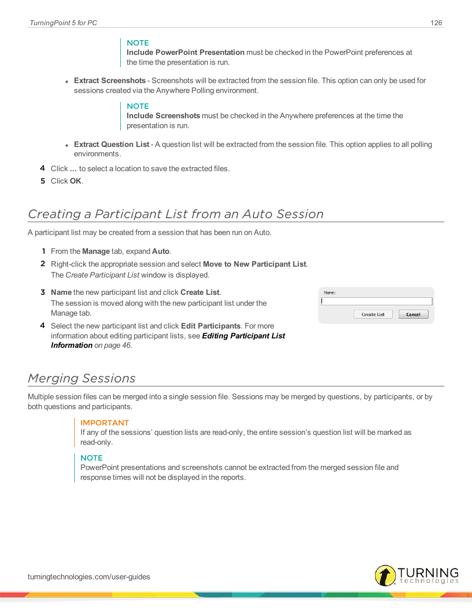 Creating a participant list from an auto session, Merging sessions | Turning Technologies TurningPoint 5 User Manual | Page 126 / 168