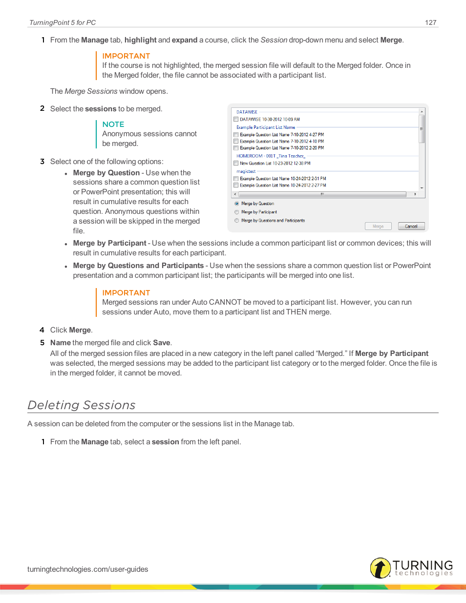 Deleting sessions | Turning Technologies TurningPoint 5 User Manual | Page 127 / 168