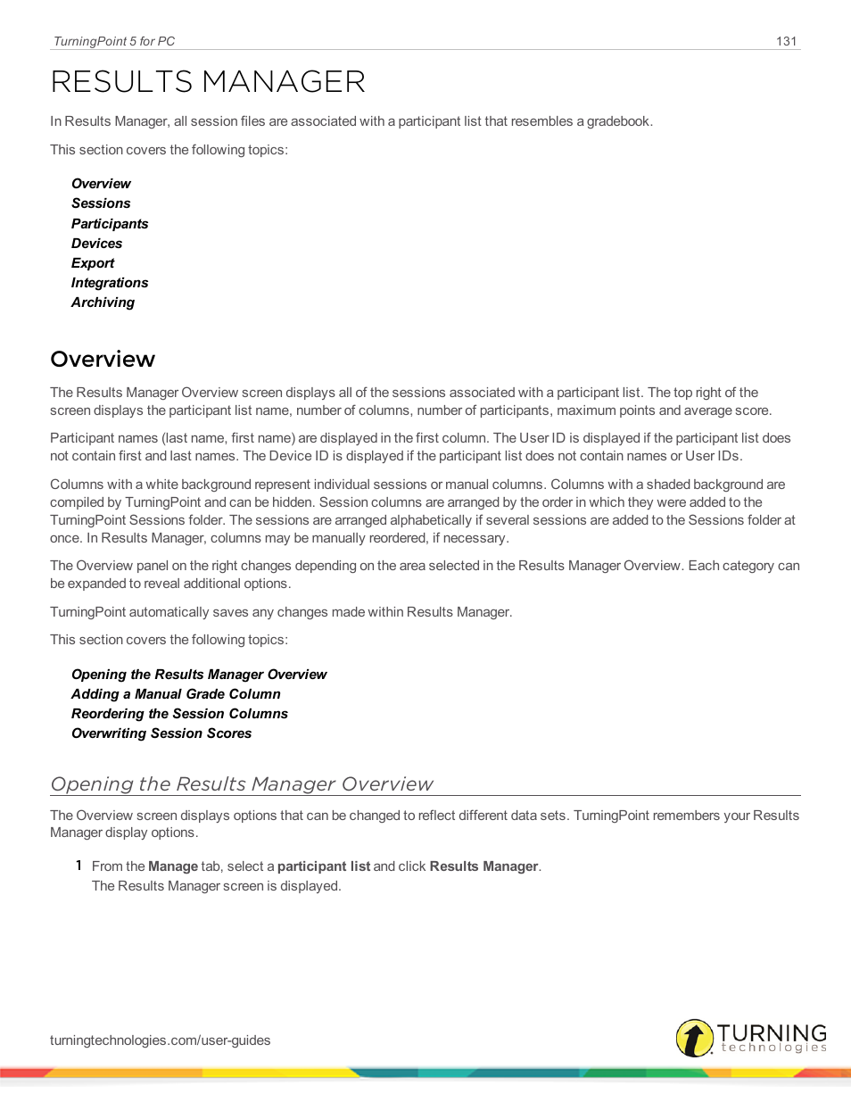 Results manager, Overview, Opening the results manager overview | Turning Technologies TurningPoint 5 User Manual | Page 131 / 168