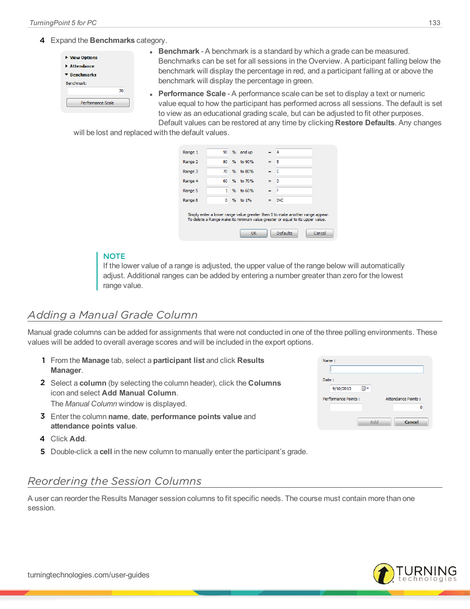 Adding a manual grade column, Reordering the session columns | Turning Technologies TurningPoint 5 User Manual | Page 133 / 168