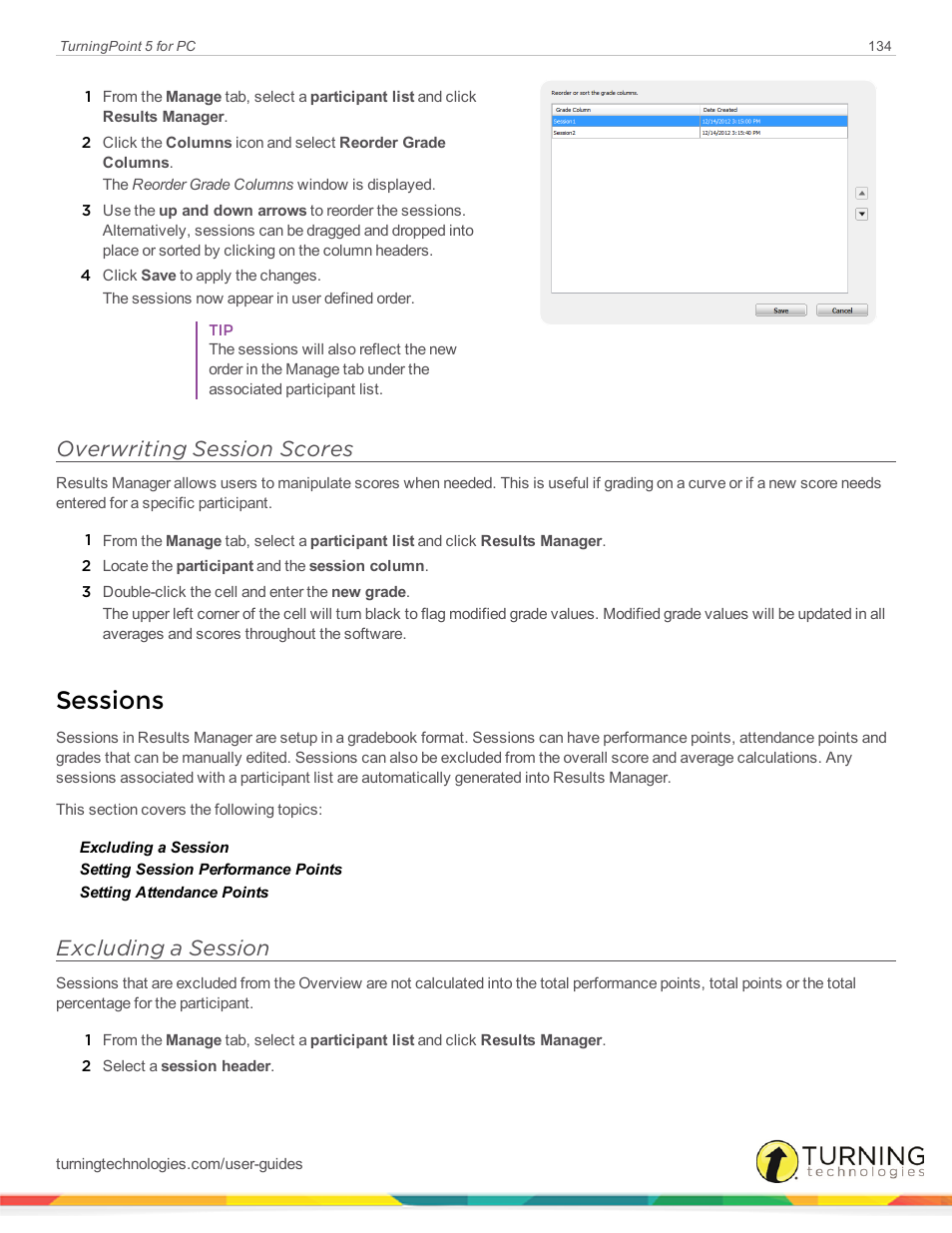 Overwriting session scores, Sessions, Excluding a session | Turning Technologies TurningPoint 5 User Manual | Page 134 / 168