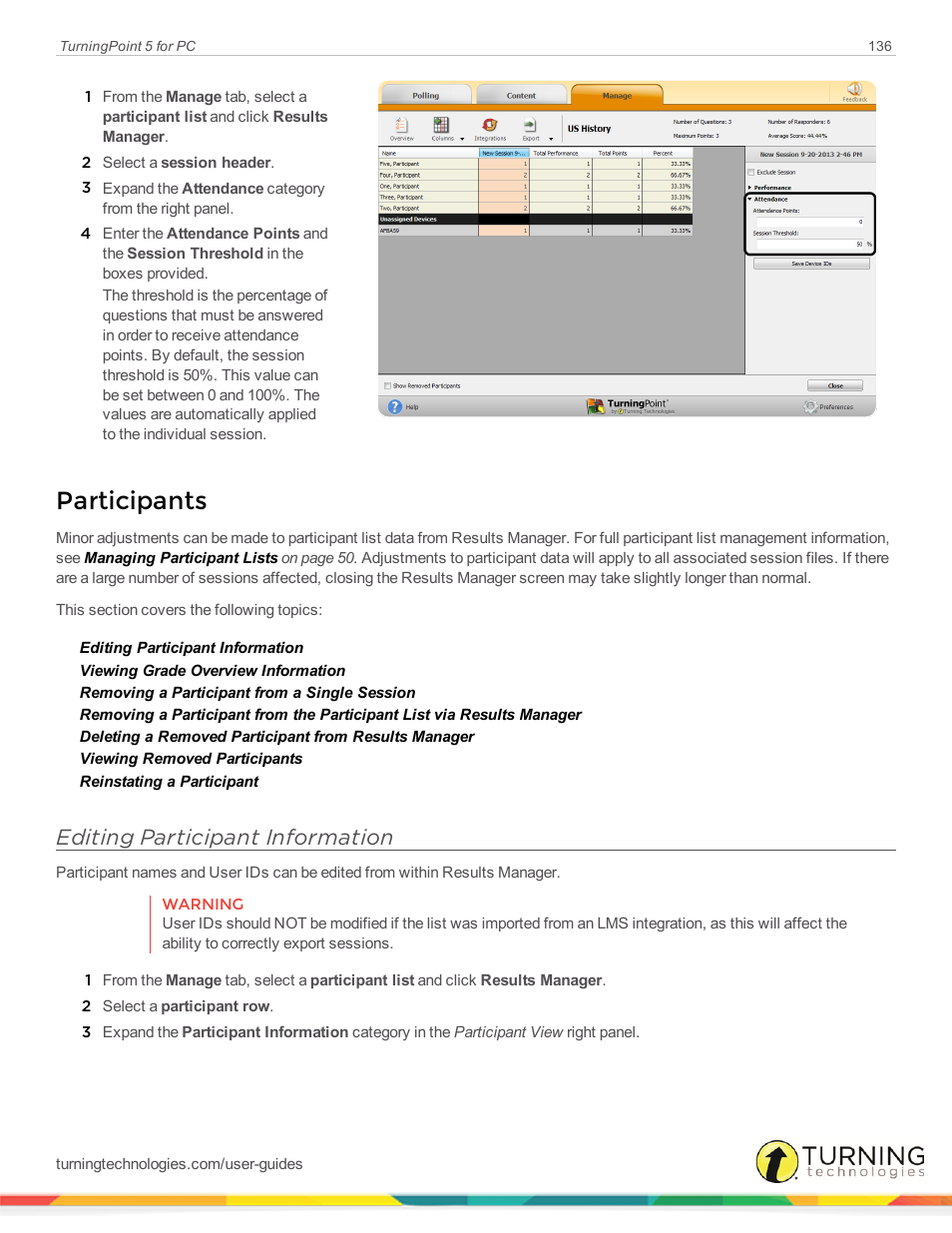 Participants, Editing participant information | Turning Technologies TurningPoint 5 User Manual | Page 136 / 168