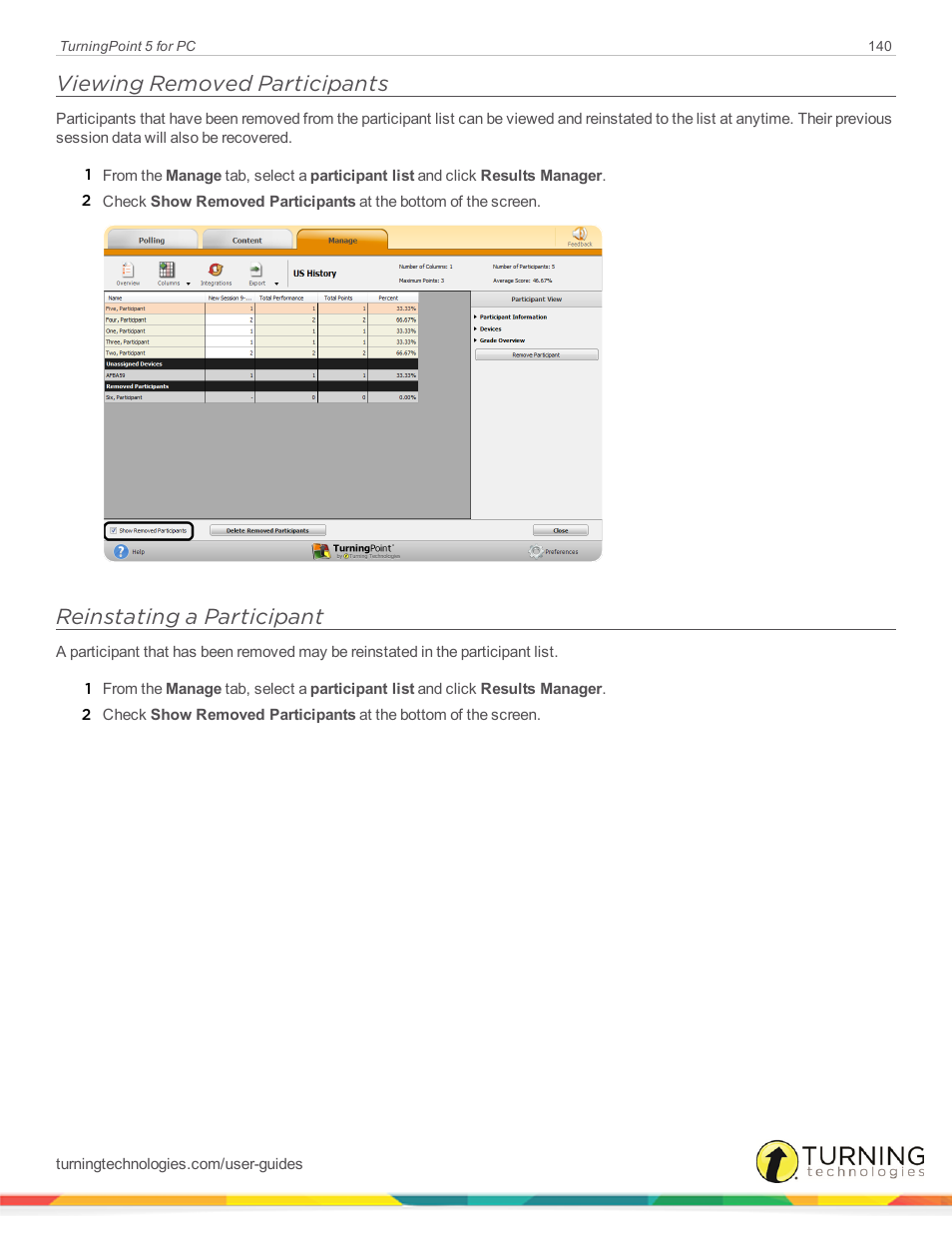 Viewing removed participants, Reinstating a participant | Turning Technologies TurningPoint 5 User Manual | Page 140 / 168