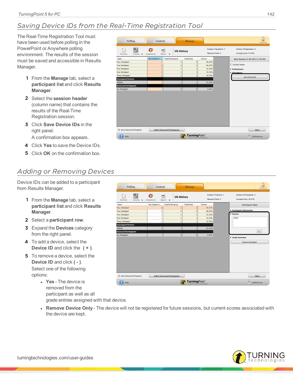 Adding or removing devices, Saving device ids from the real-time registration, Tool | Turning Technologies TurningPoint 5 User Manual | Page 142 / 168