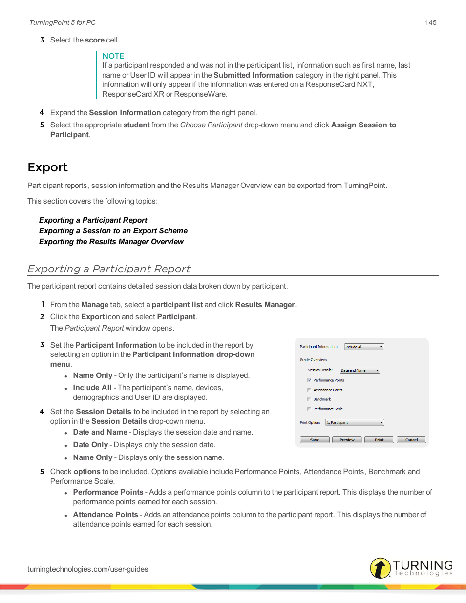 Export, Exporting a participant report | Turning Technologies TurningPoint 5 User Manual | Page 145 / 168