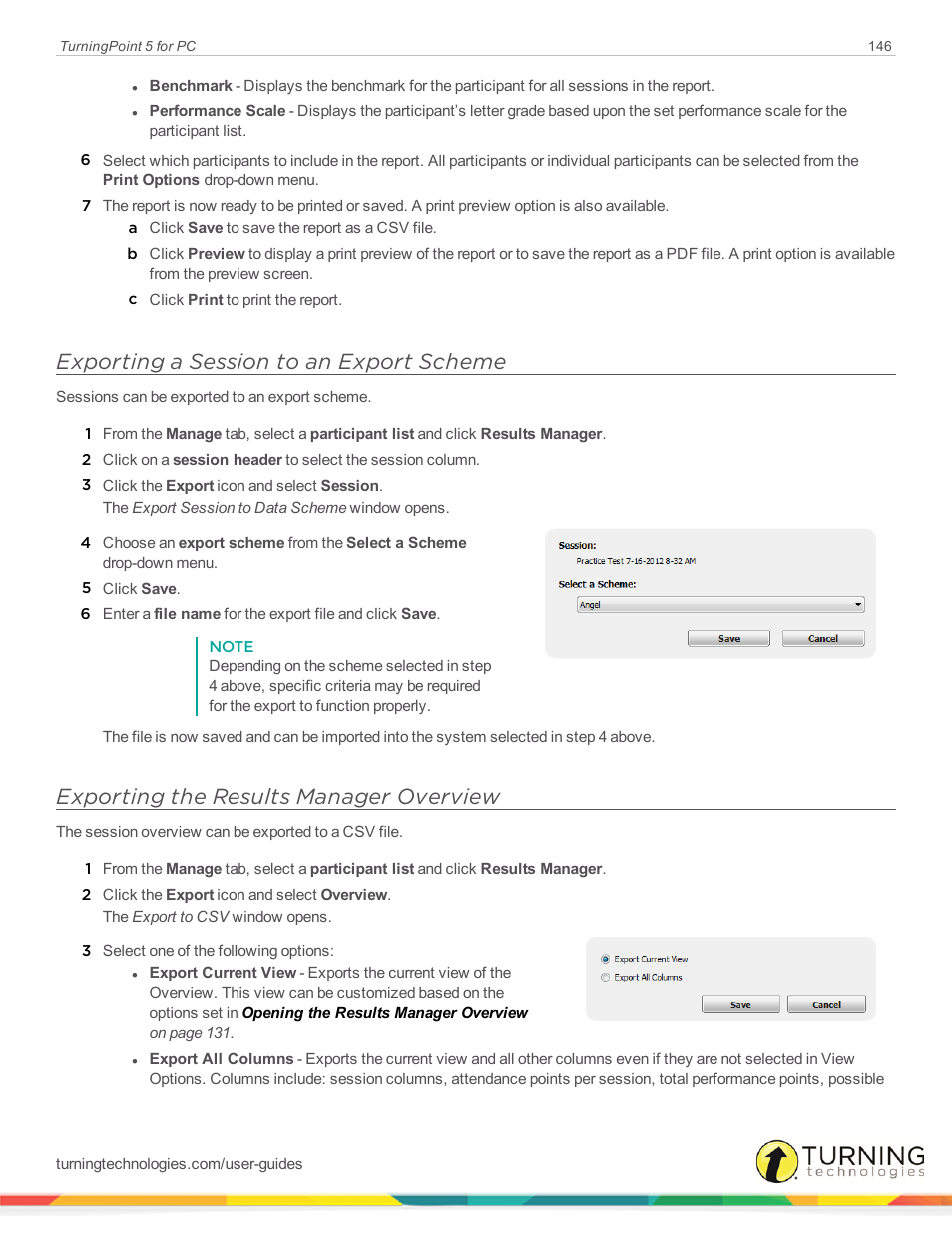 Exporting a session to an export scheme, Exporting the results manager overview | Turning Technologies TurningPoint 5 User Manual | Page 146 / 168