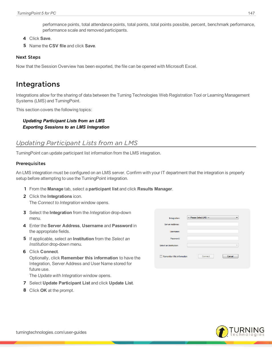 Integrations, Updating participant lists from an lms | Turning Technologies TurningPoint 5 User Manual | Page 147 / 168