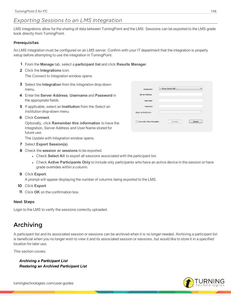 Exporting sessions to an lms integration, Archiving, Exporting sessions to an lms | Integration | Turning Technologies TurningPoint 5 User Manual | Page 148 / 168