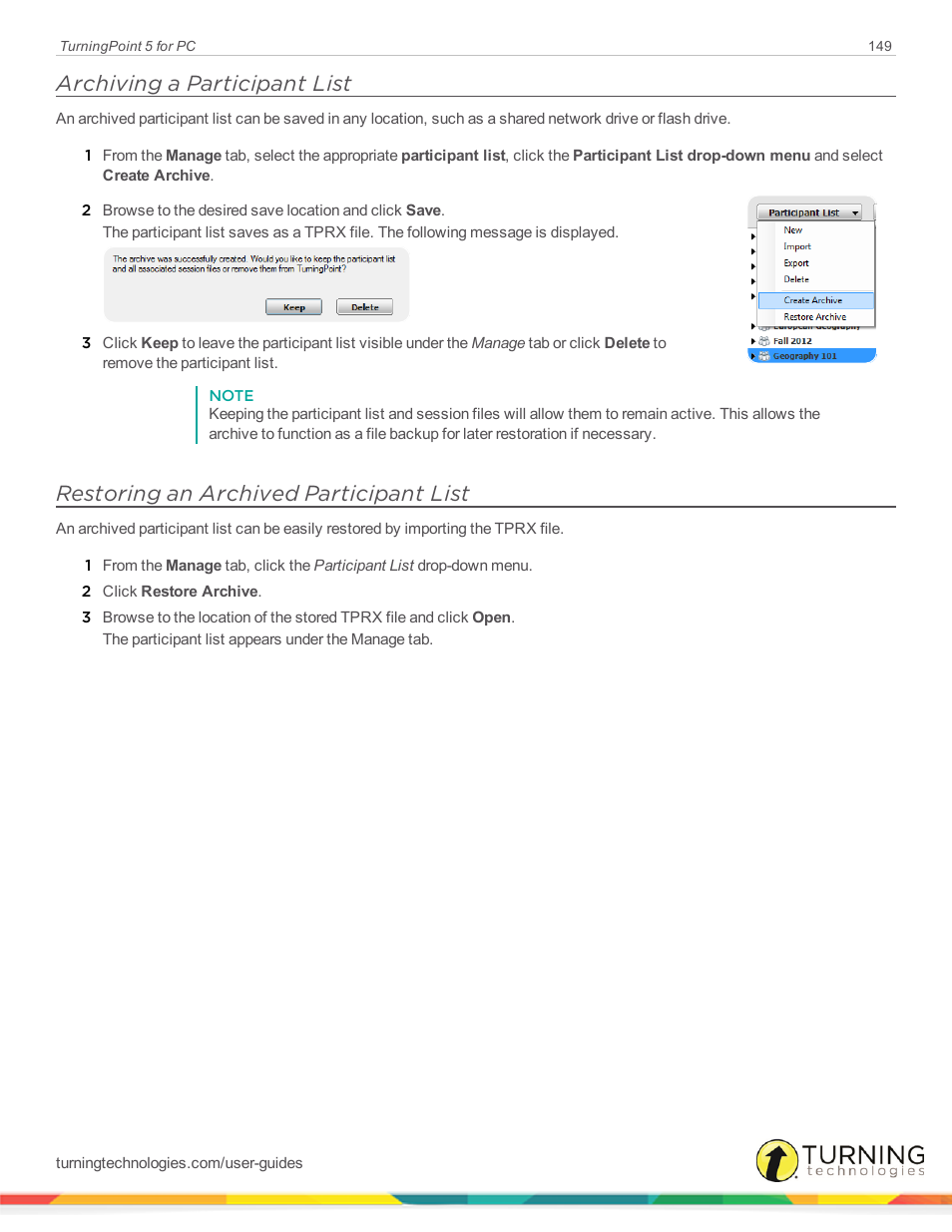 Archiving a participant list, Restoring an archived participant list | Turning Technologies TurningPoint 5 User Manual | Page 149 / 168