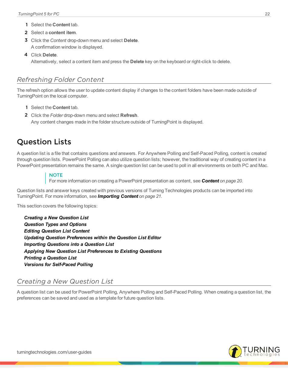 Refreshing folder content, Question lists, Creating a new question list | Turning Technologies TurningPoint 5 User Manual | Page 22 / 168