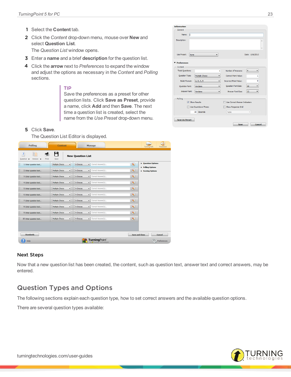 Question types and options | Turning Technologies TurningPoint 5 User Manual | Page 23 / 168