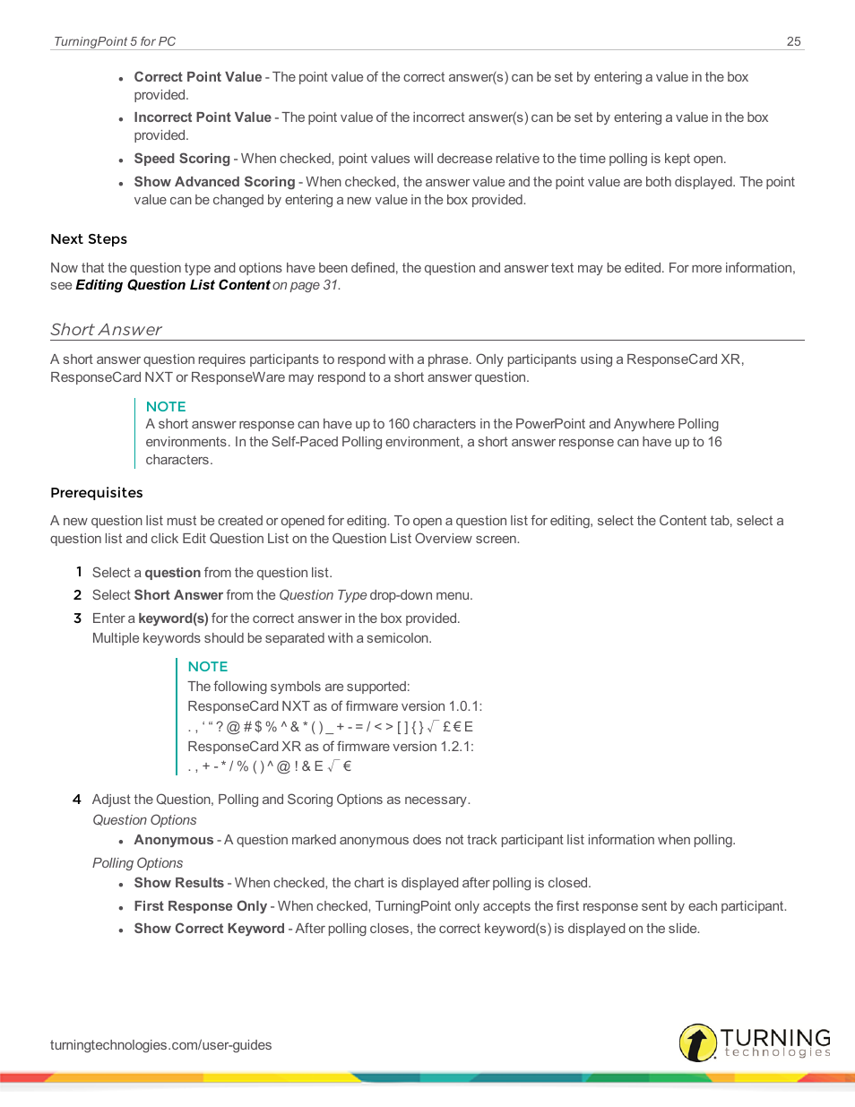 Short answer | Turning Technologies TurningPoint 5 User Manual | Page 25 / 168