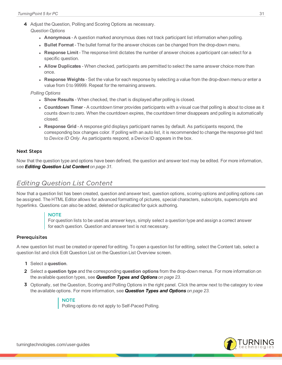Editing question list content, Editing question, List content | Turning Technologies TurningPoint 5 User Manual | Page 31 / 168