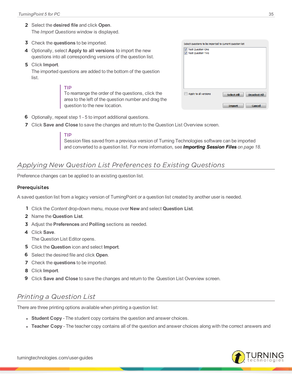 Printing a question list | Turning Technologies TurningPoint 5 User Manual | Page 35 / 168
