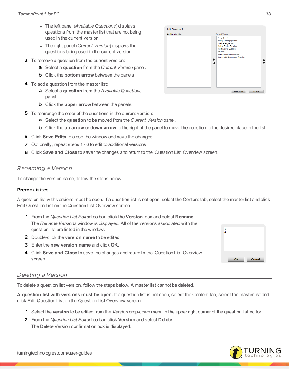 Renaming a version, Deleting a version | Turning Technologies TurningPoint 5 User Manual | Page 38 / 168