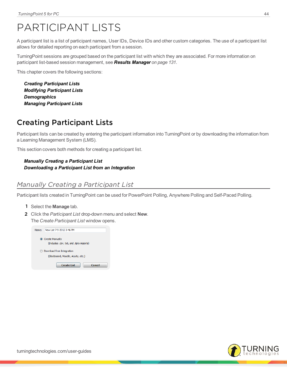 Participant lists, Creating participant lists, Manually creating a participant list | Turning Technologies TurningPoint 5 User Manual | Page 44 / 168
