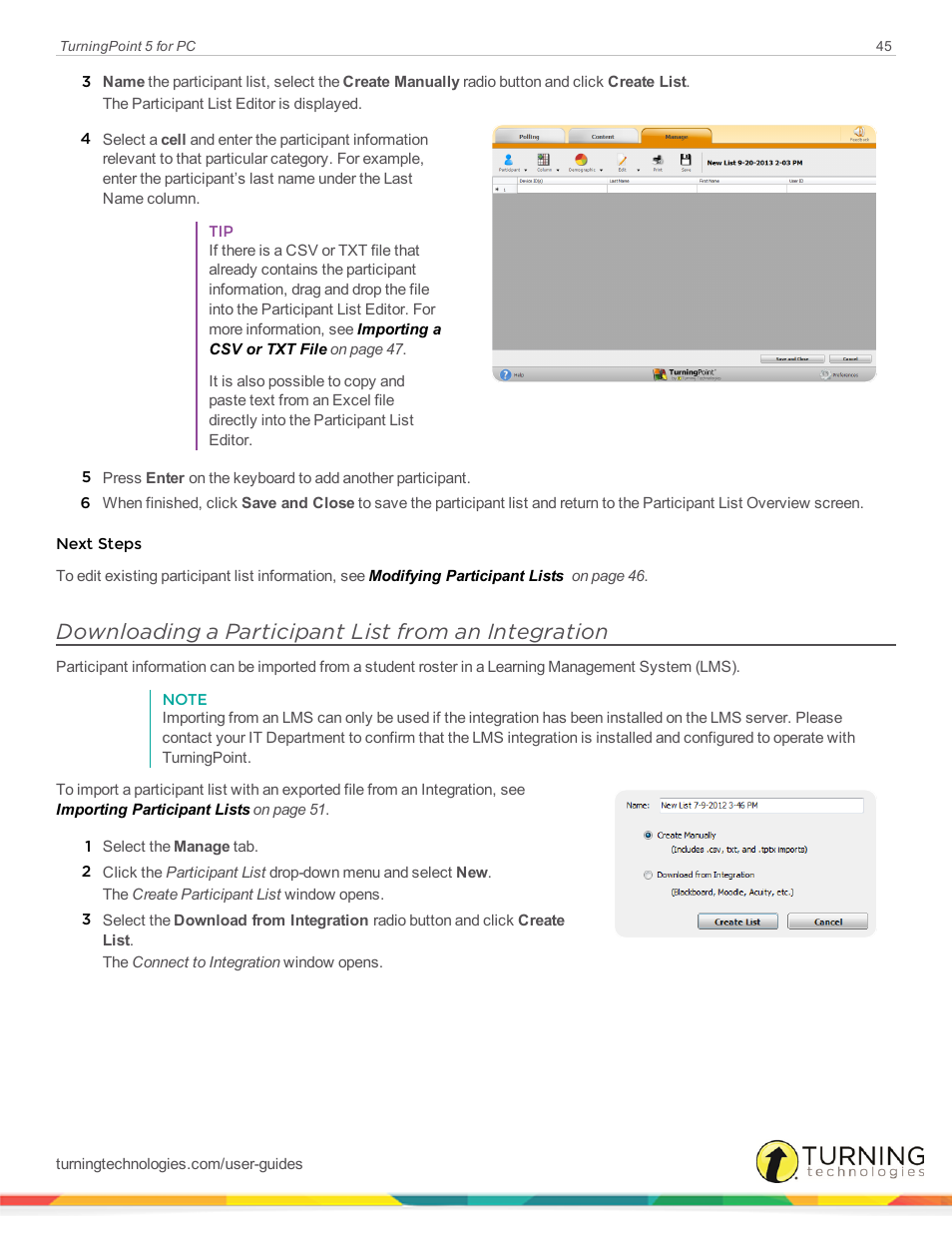 Downloading a participant list from an integration | Turning Technologies TurningPoint 5 User Manual | Page 45 / 168