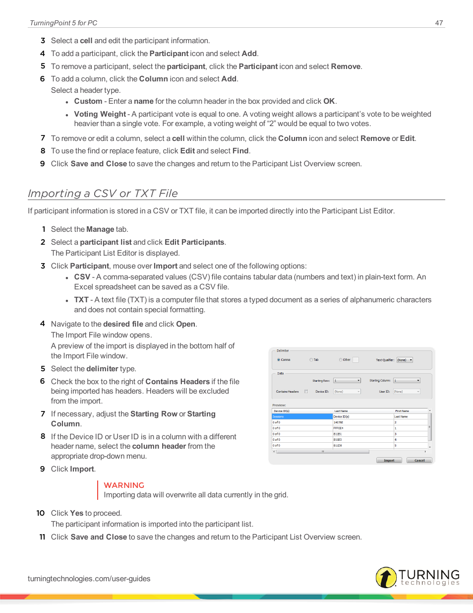 Importing a csv or txt file, Importing a, Csv or txt file | Turning Technologies TurningPoint 5 User Manual | Page 47 / 168