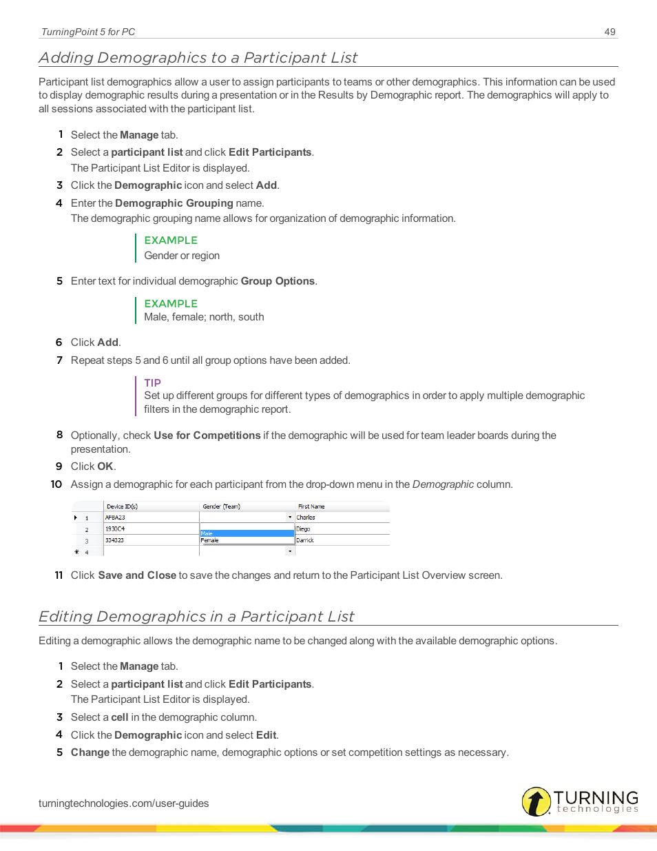 Adding demographics to a participant list, Editing demographics in a participant list | Turning Technologies TurningPoint 5 User Manual | Page 49 / 168