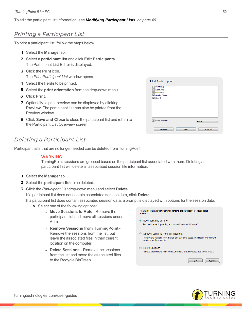 Printing a participant list, Deleting a participant list | Turning Technologies TurningPoint 5 User Manual | Page 52 / 168