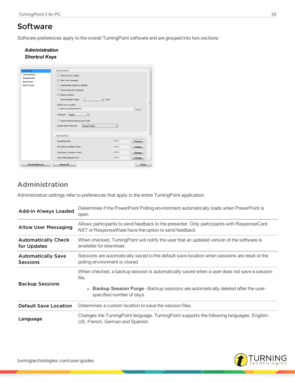 Software, Administration | Turning Technologies TurningPoint 5 User Manual | Page 55 / 168