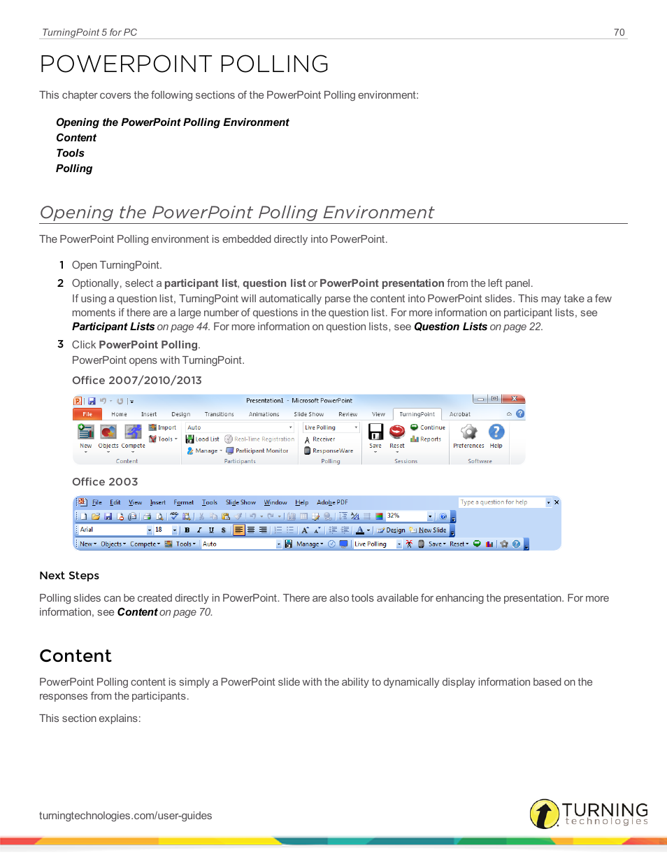 Powerpoint polling, Opening the powerpoint polling environment, Content | Turning Technologies TurningPoint 5 User Manual | Page 70 / 168