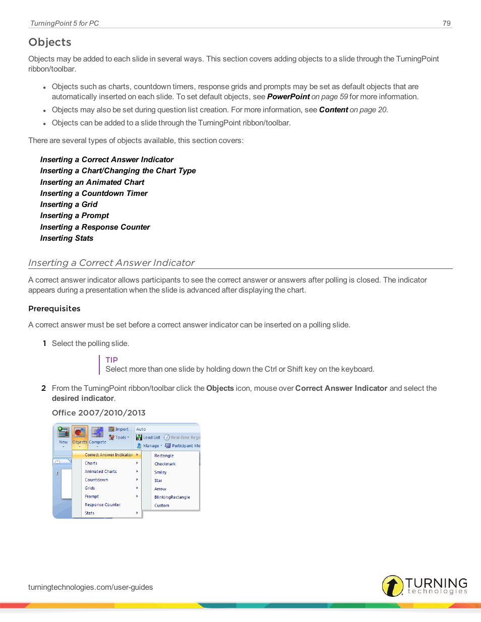 Objects, Inserting a correct answer indicator | Turning Technologies TurningPoint 5 User Manual | Page 79 / 168