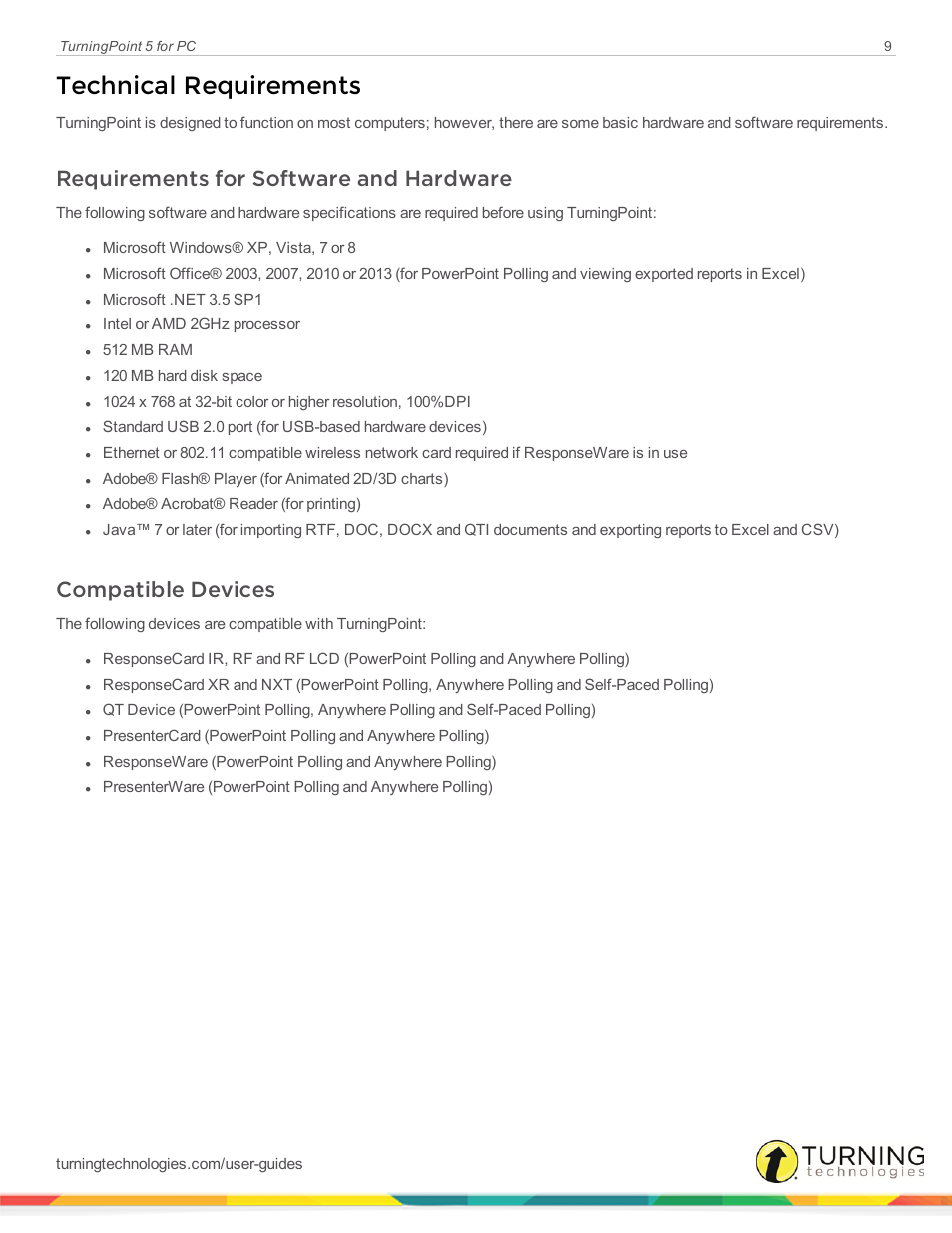 Technical requirements, Requirements for software and hardware, Compatible devices | Turning Technologies TurningPoint 5 User Manual | Page 9 / 168