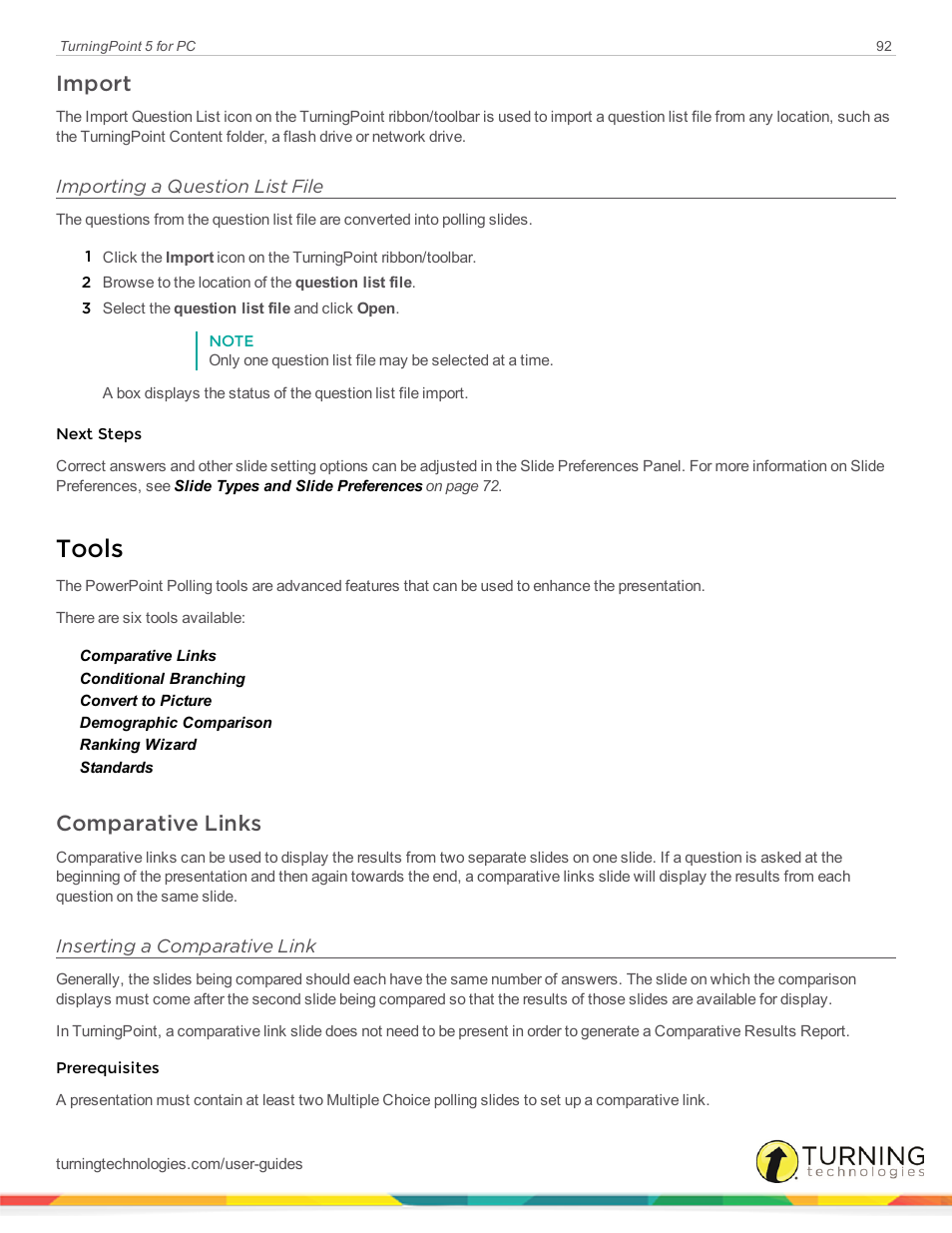 Import, Importing a question list file, Tools | Comparative links, Inserting a comparative link | Turning Technologies TurningPoint 5 User Manual | Page 92 / 168