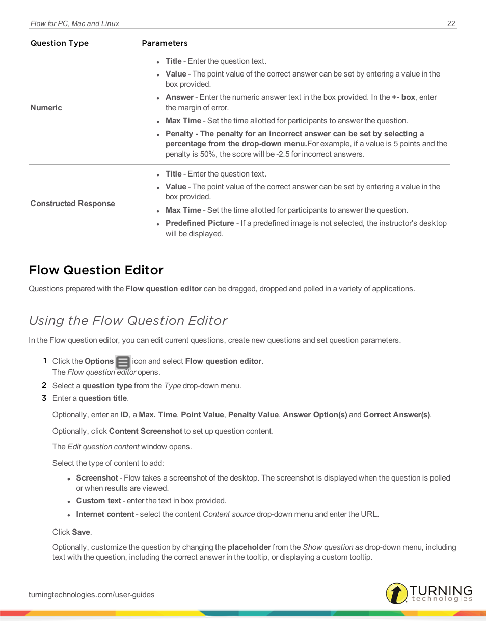 Flow question editor, Using the flow question editor | Turning Technologies Flow User Manual | Page 22 / 47