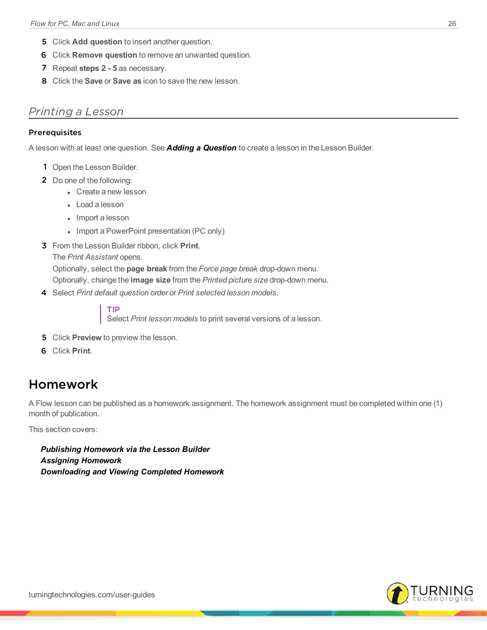 Printing a lesson, Homework | Turning Technologies Flow User Manual | Page 26 / 47