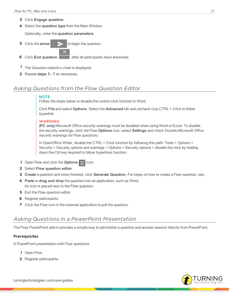 Asking questions from the flow question editor, Asking questions in a powerpoint presentation | Turning Technologies Flow User Manual | Page 31 / 47