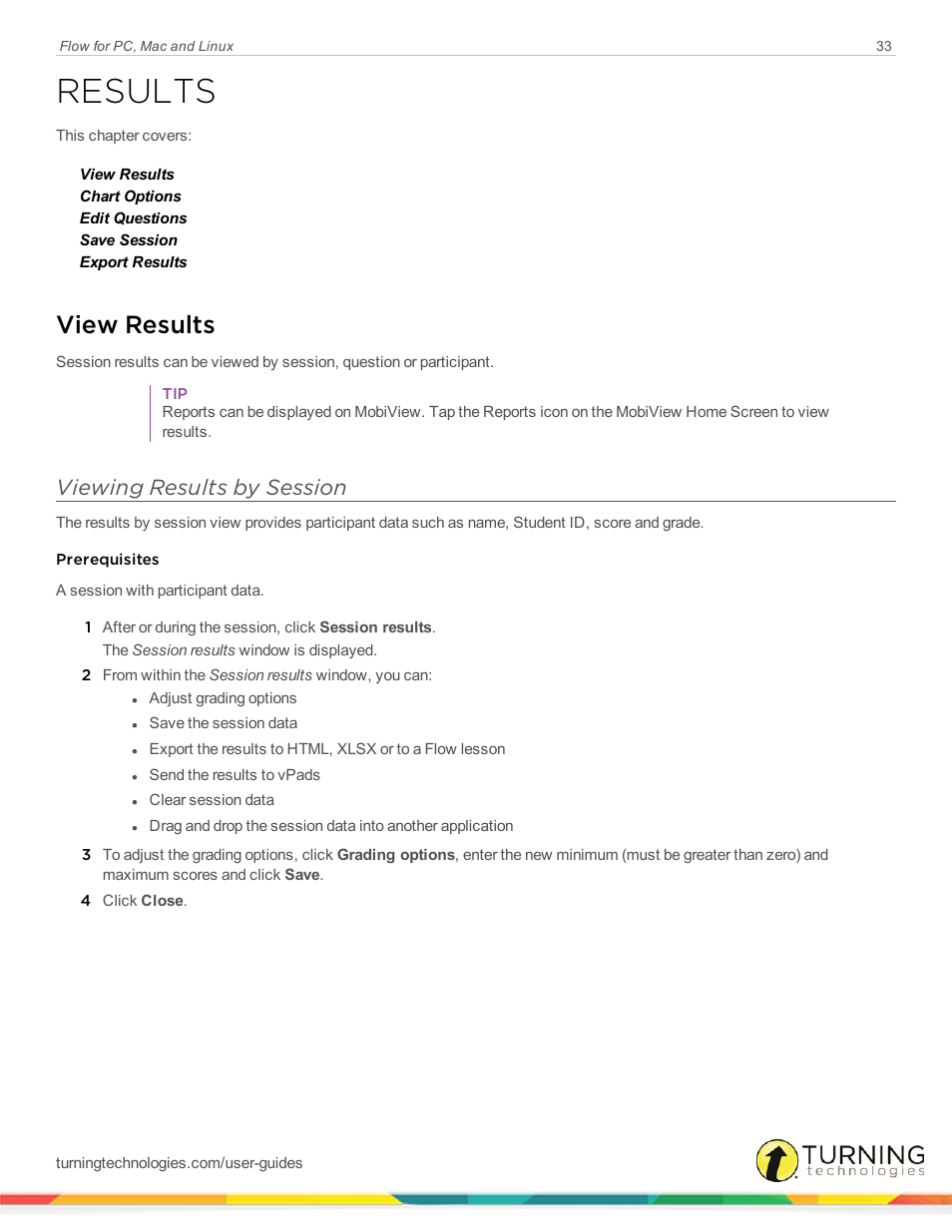 Results, View results, Viewing results by session | Turning Technologies Flow User Manual | Page 33 / 47