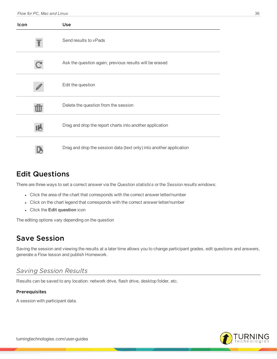 Edit questions, Save session, Saving session results | Turning Technologies Flow User Manual | Page 36 / 47