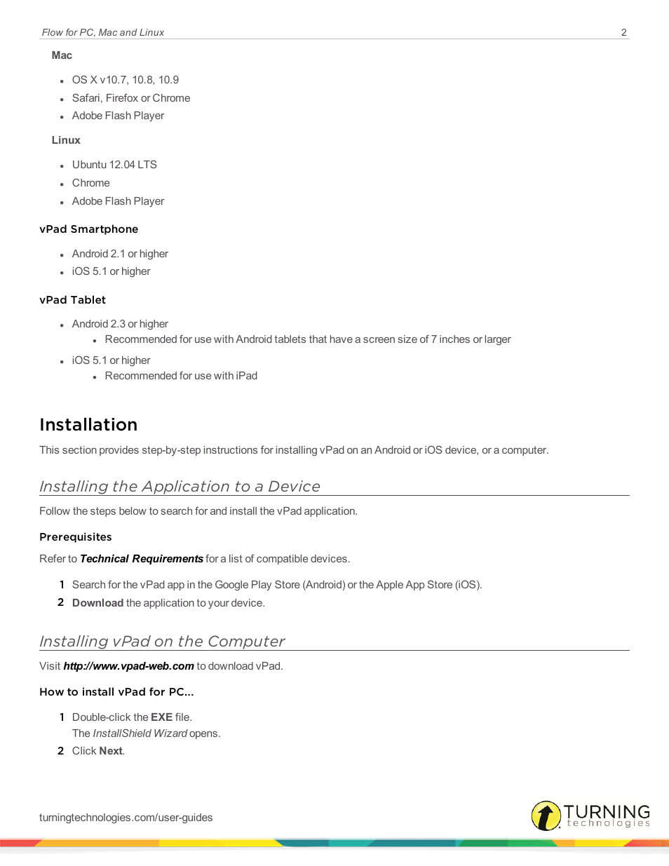 Installation, Installing the application to a device, Installing vpad on the computer | Turning Technologies Flow User Manual | Page 40 / 47