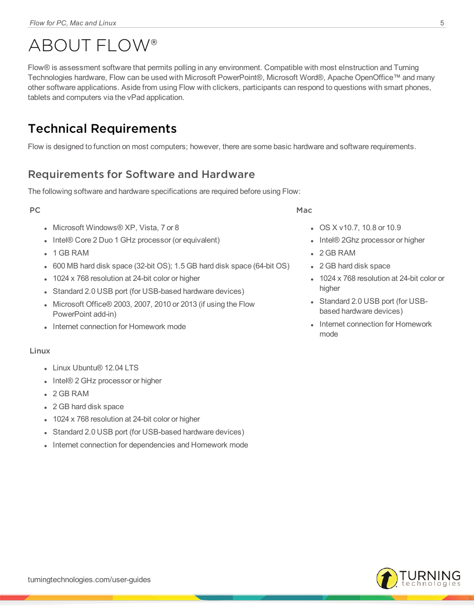 About flow, Technical requirements, Requirements for software and hardware | Turning Technologies Flow User Manual | Page 5 / 47
