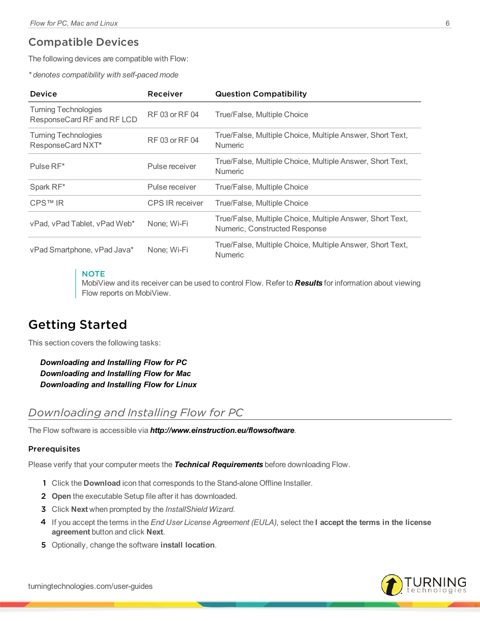 Compatible devices, Getting started, Downloading and installing flow for pc | Turning Technologies Flow User Manual | Page 6 / 47