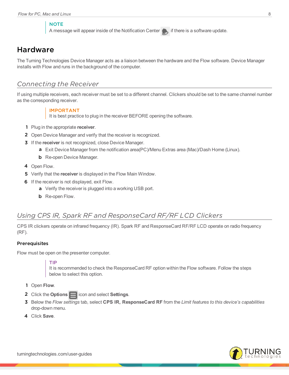 Hardware, Connecting the receiver | Turning Technologies Flow User Manual | Page 8 / 47