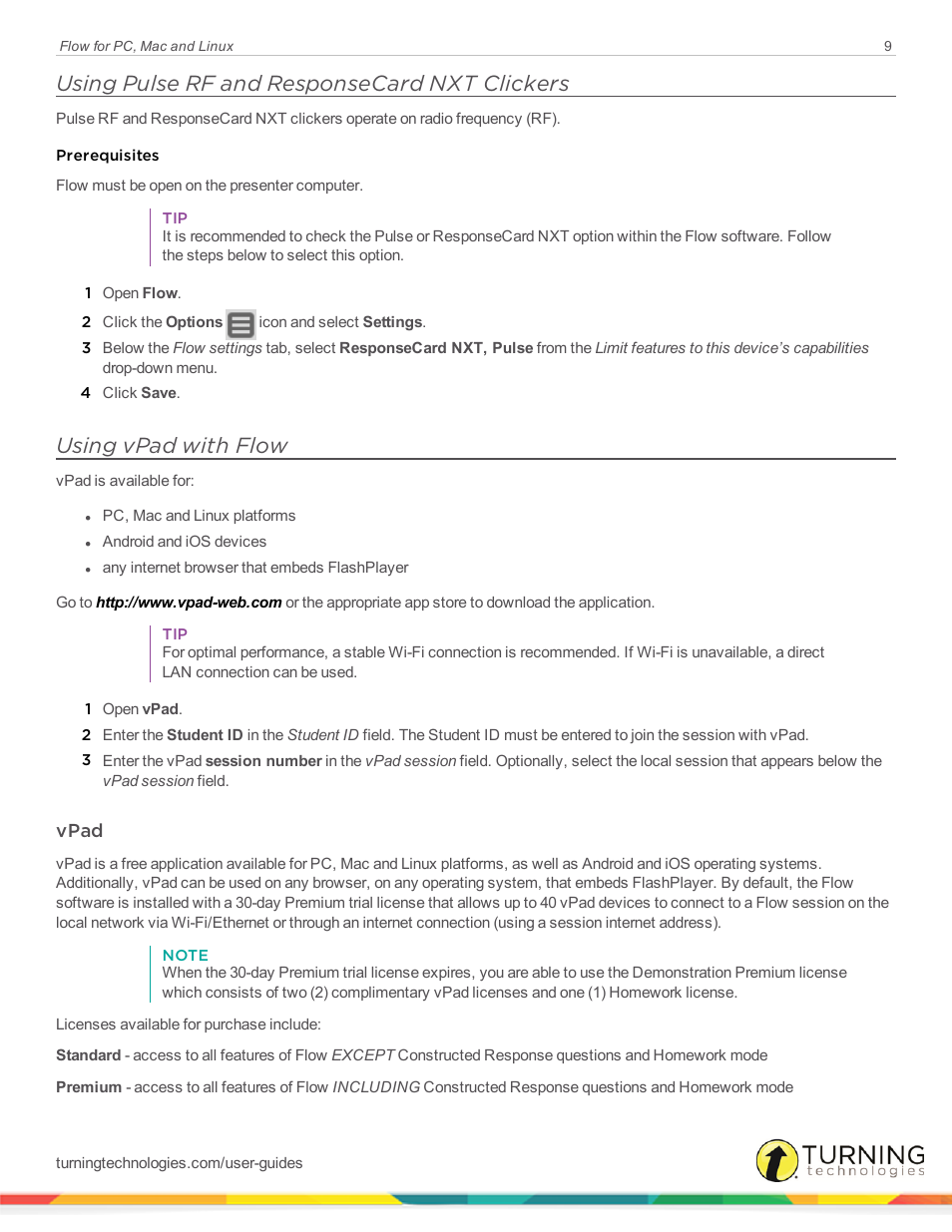 Using pulse rf and responsecard nxt clickers, Using vpad with flow, Vpad | Turning Technologies Flow User Manual | Page 9 / 47