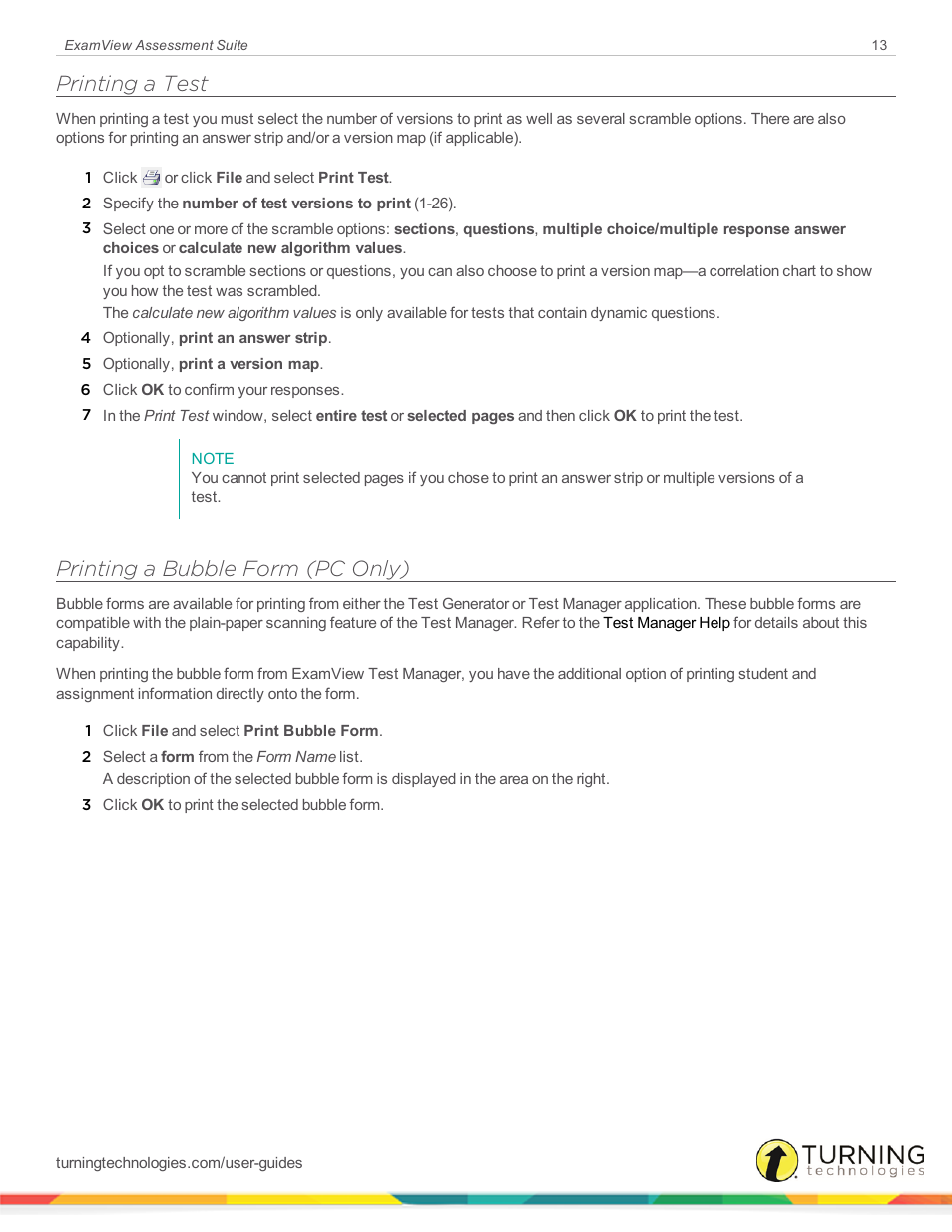 Printing a test, Printing a bubble form (pc only) | Turning Technologies ExamView User Manual | Page 13 / 52