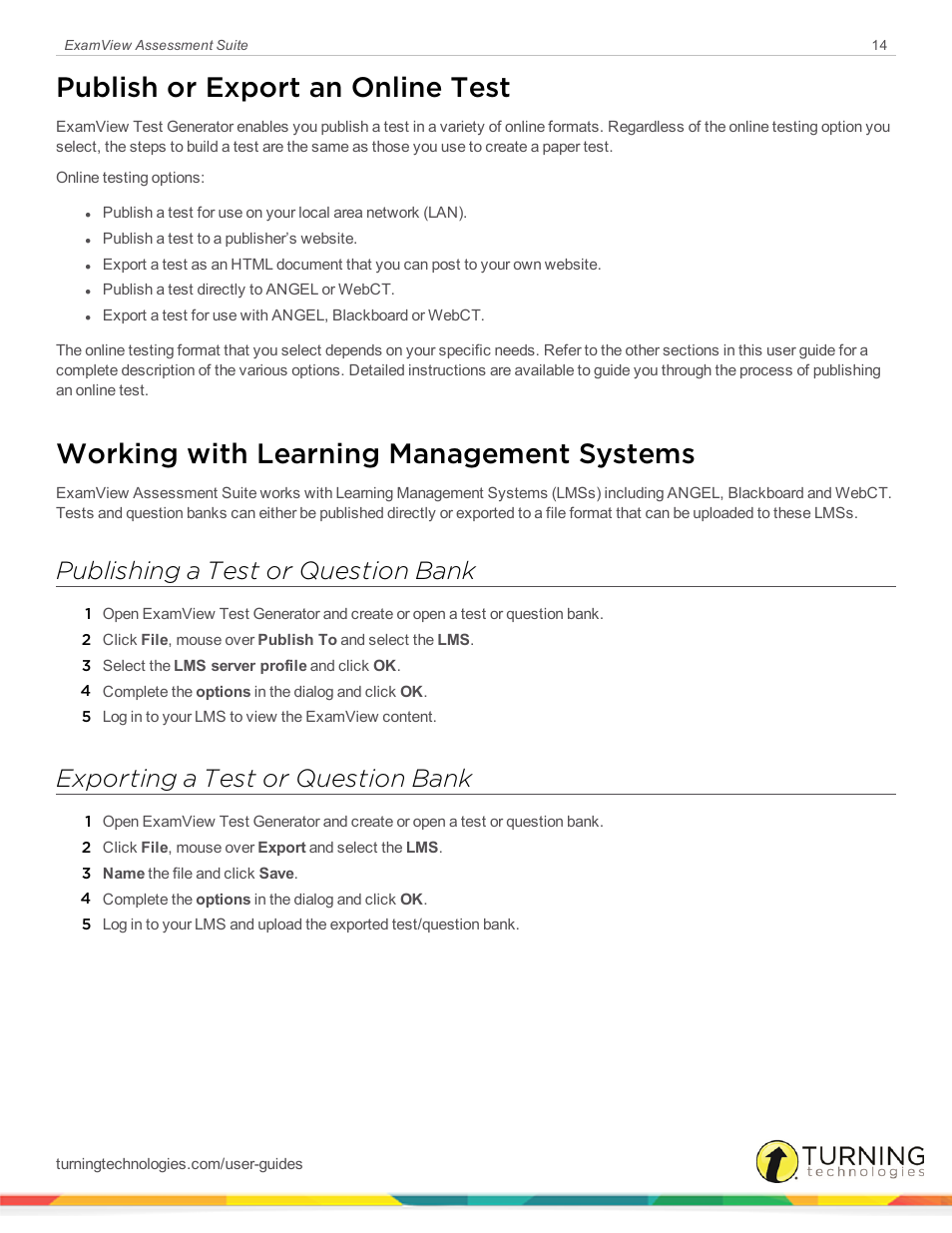 Publish or export an online test, Working with learning management systems, Publishing a test or question bank | Exporting a test or question bank | Turning Technologies ExamView User Manual | Page 14 / 52