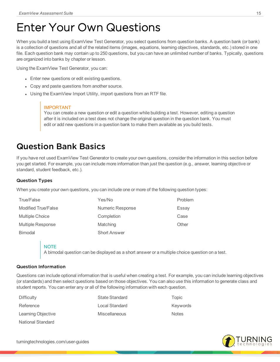 Enter your own questions, Question bank basics | Turning Technologies ExamView User Manual | Page 15 / 52