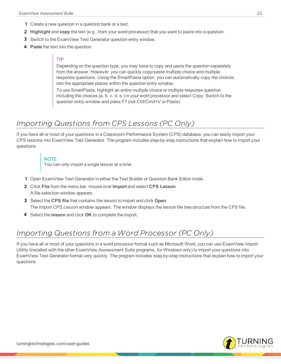 Importing questions from cps lessons (pc only) | Turning Technologies ExamView User Manual | Page 23 / 52