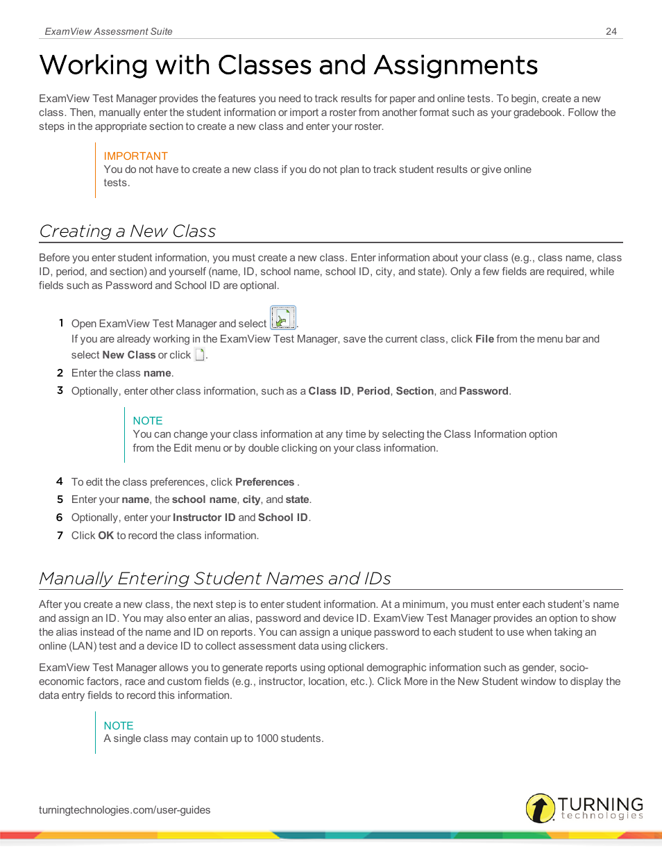 Working with classes and assignments, Creating a new class, Manually entering student names and ids | Turning Technologies ExamView User Manual | Page 24 / 52