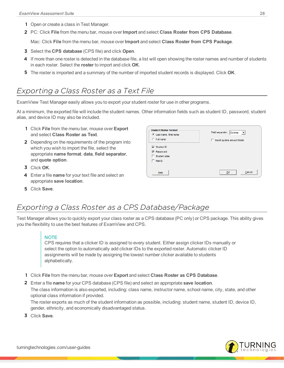 Exporting a class roster as a text file, Exporting a class roster as a cps database/package | Turning Technologies ExamView User Manual | Page 28 / 52