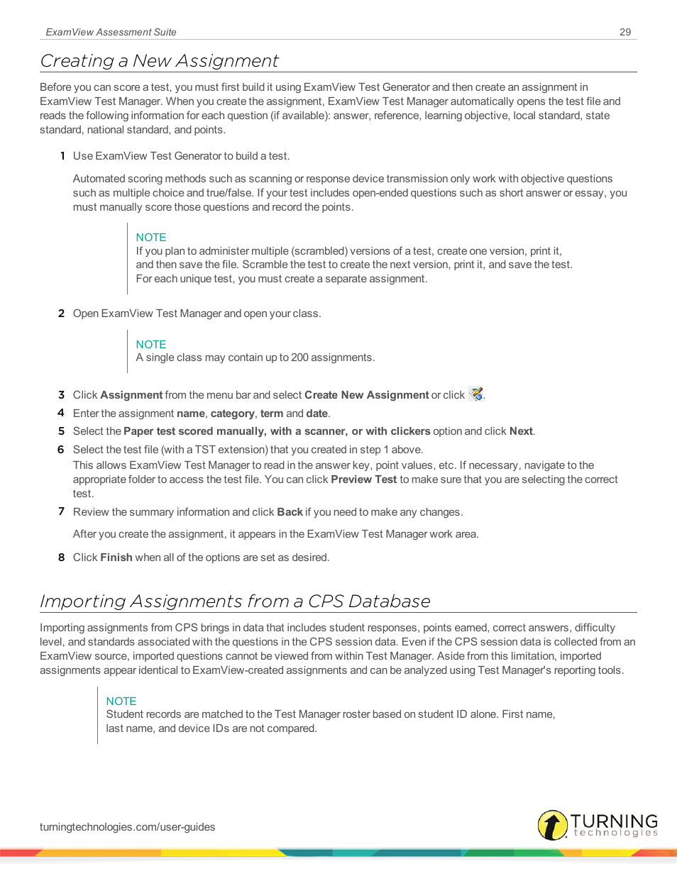Creating a new assignment, Importing assignments from a cps database | Turning Technologies ExamView User Manual | Page 29 / 52