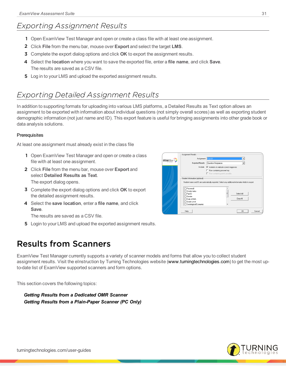 Exporting assignment results, Exporting detailed assignment results, Results from scanners | Turning Technologies ExamView User Manual | Page 31 / 52